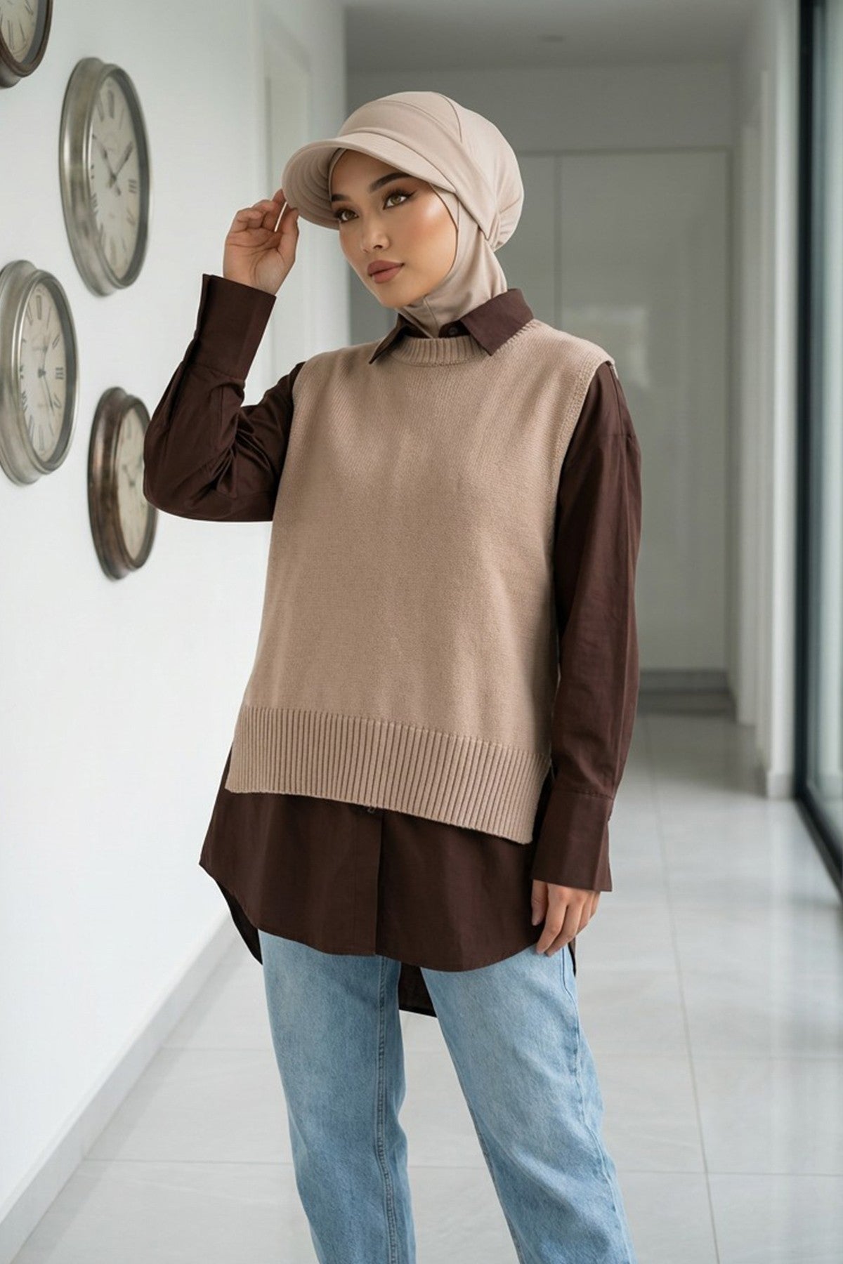 2 in 1 Modest Hijab Bonnet with Removable Visor, Instant Full Coverage Underscarf for Everyday Wear,B-82O Beige