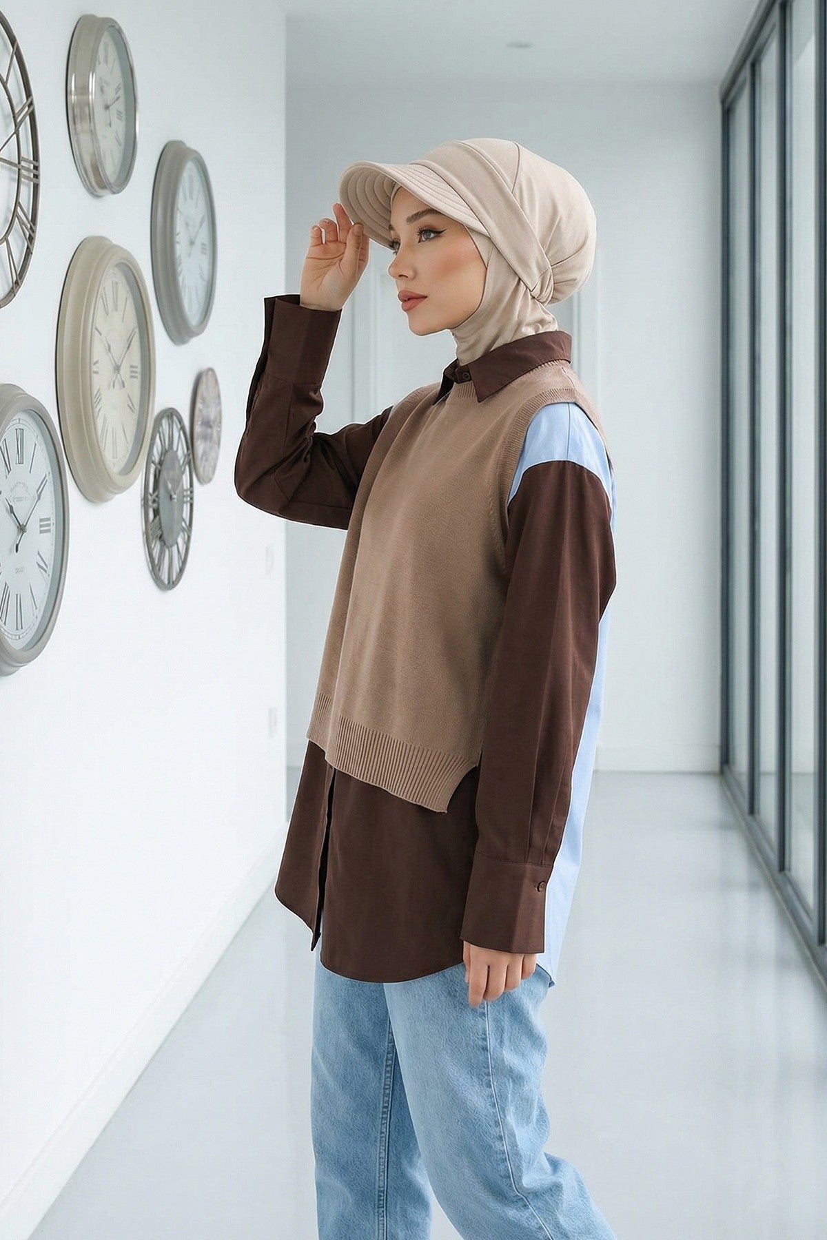 2 in 1 Modest Hijab Bonnet with Removable Visor, Instant Full Coverage Underscarf for Everyday Wear,B-82O Beige