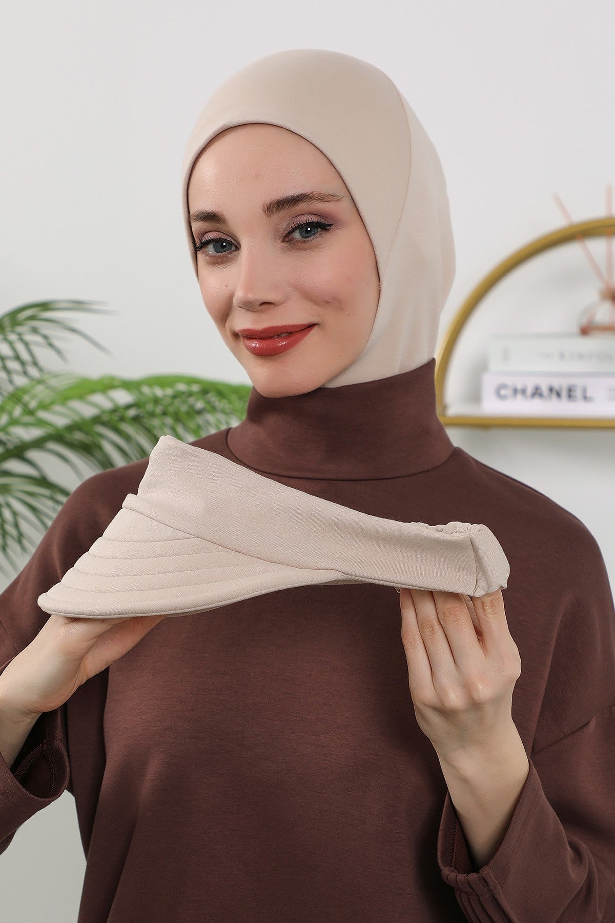 2 in 1 Modest Hijab Bonnet with Removable Visor, Instant Full Coverage Underscarf for Everyday Wear,B-82O Beige