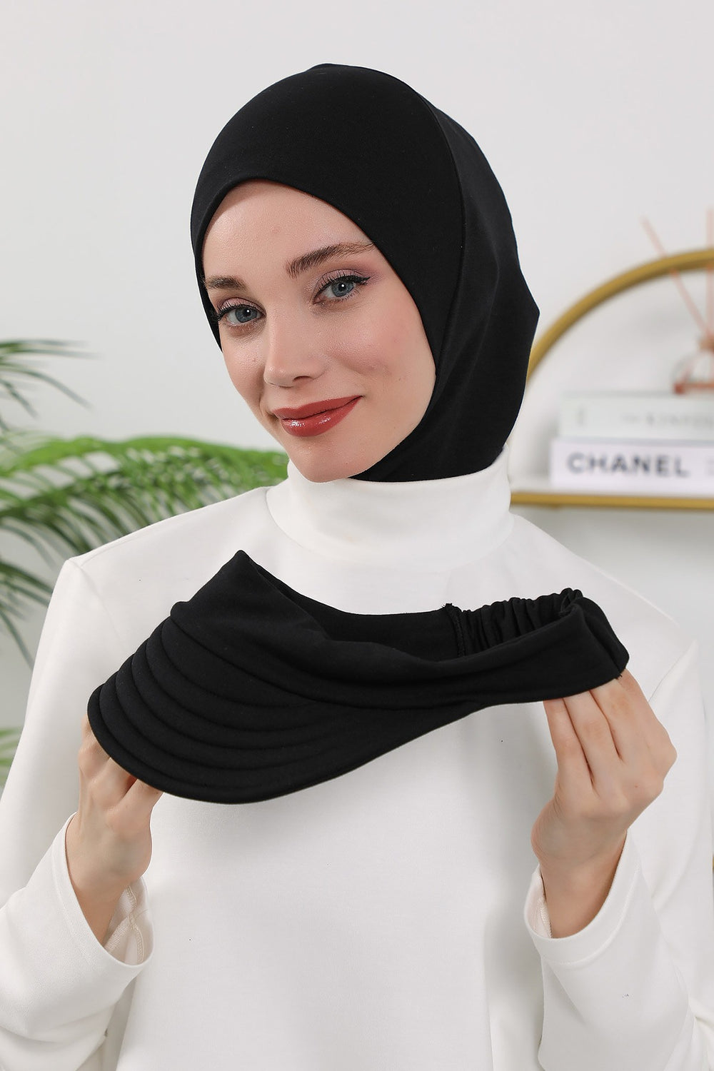 2 in 1 Modest Hijab Bonnet with Removable Visor, Instant Full Coverage Underscarf for Everyday Wear,B-82O Black