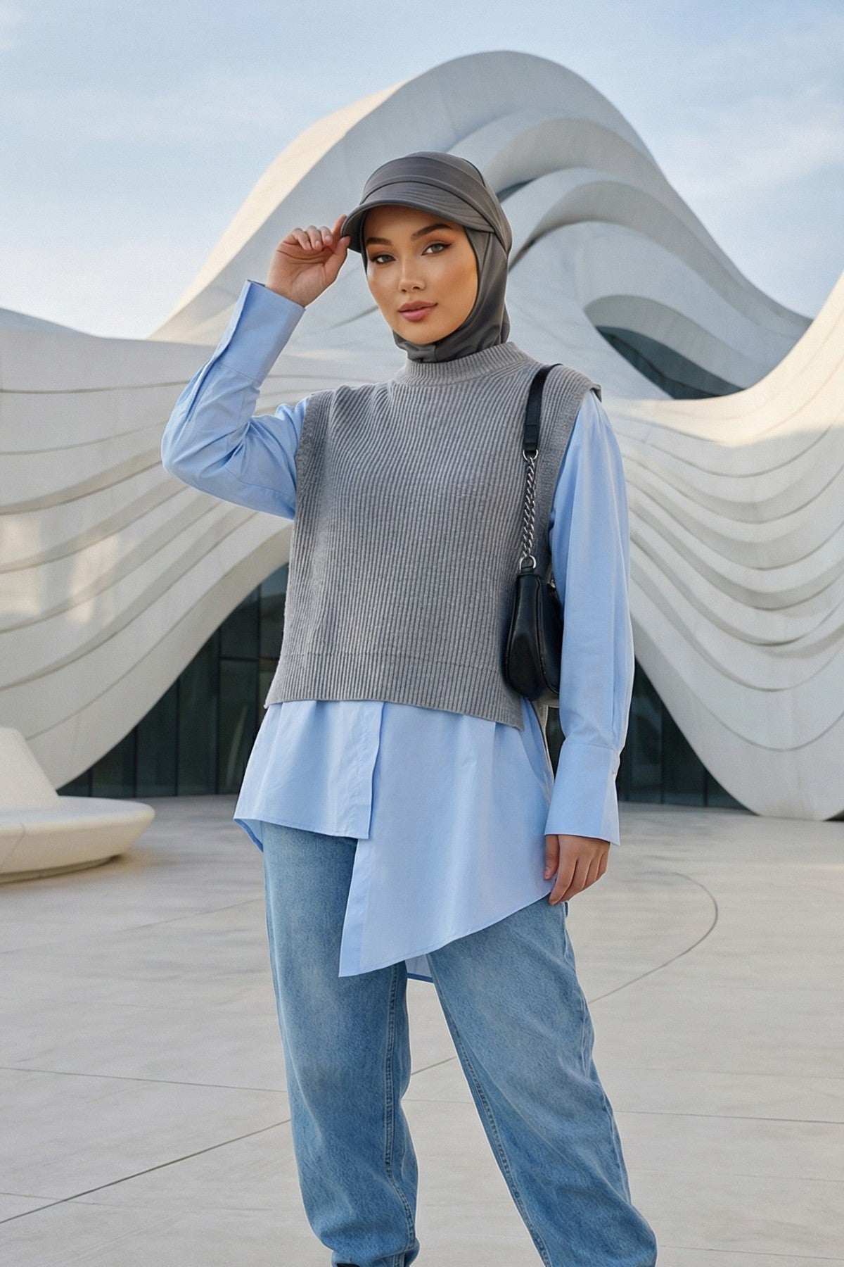 2 in 1 Modest Hijab Bonnet with Removable Visor, Instant Full Coverage Underscarf for Everyday Wear,B-82O Anthracite