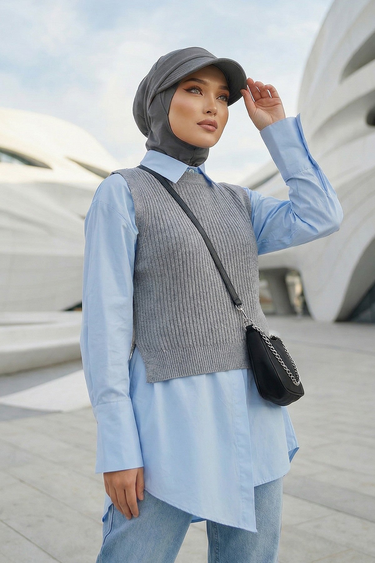 2 in 1 Modest Hijab Bonnet with Removable Visor, Instant Full Coverage Underscarf for Everyday Wear,B-82O Anthracite