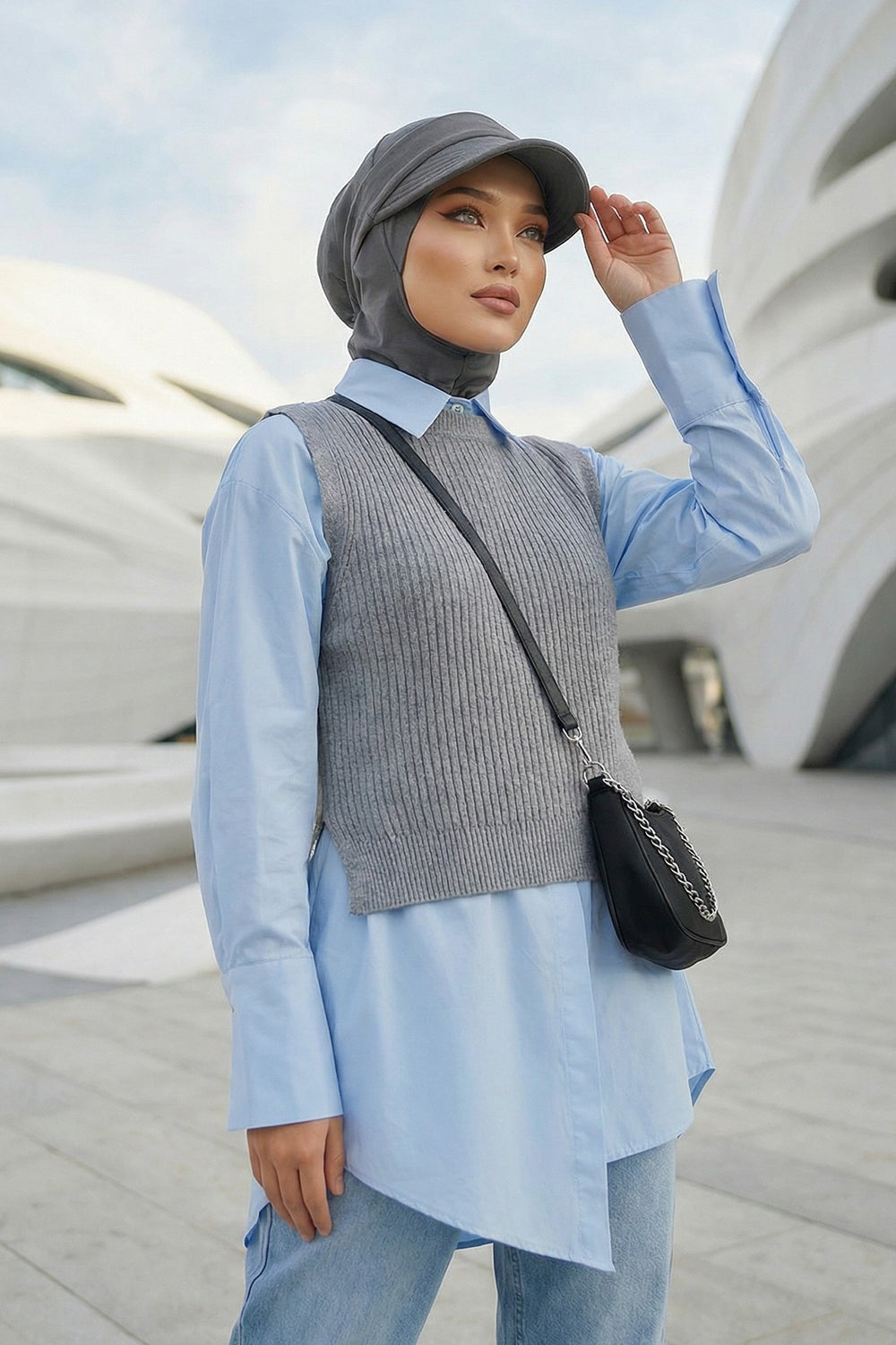 2 in 1 Modest Hijab Bonnet with Removable Visor, Instant Full Coverage Underscarf for Everyday Wear,B-82O Anthracite