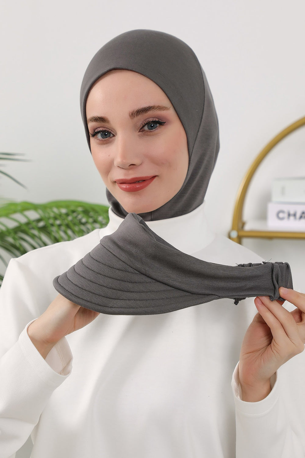 2 in 1 Modest Hijab Bonnet with Removable Visor, Instant Full Coverage Underscarf for Everyday Wear,B-82O Anthracite