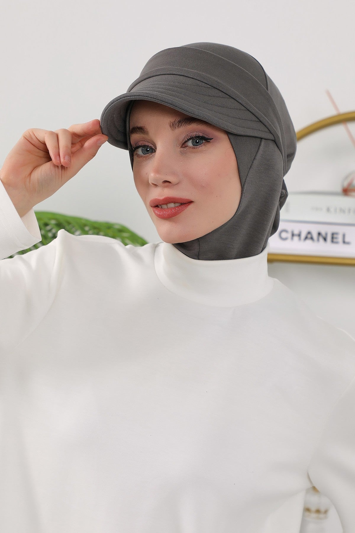 2 in 1 Modest Hijab Bonnet with Removable Visor, Instant Full Coverage Underscarf for Everyday Wear,B-82O Anthracite