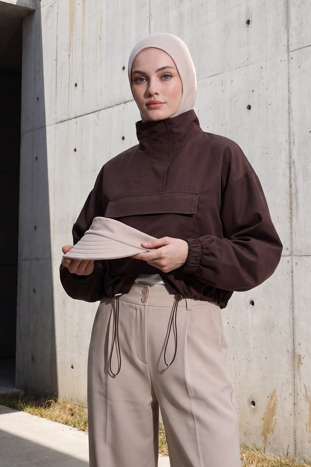 2 in 1 Modest Hijab Bonnet with Removable Visor, Instant Full Coverage Underscarf for Everyday Wear,B-82O Beige