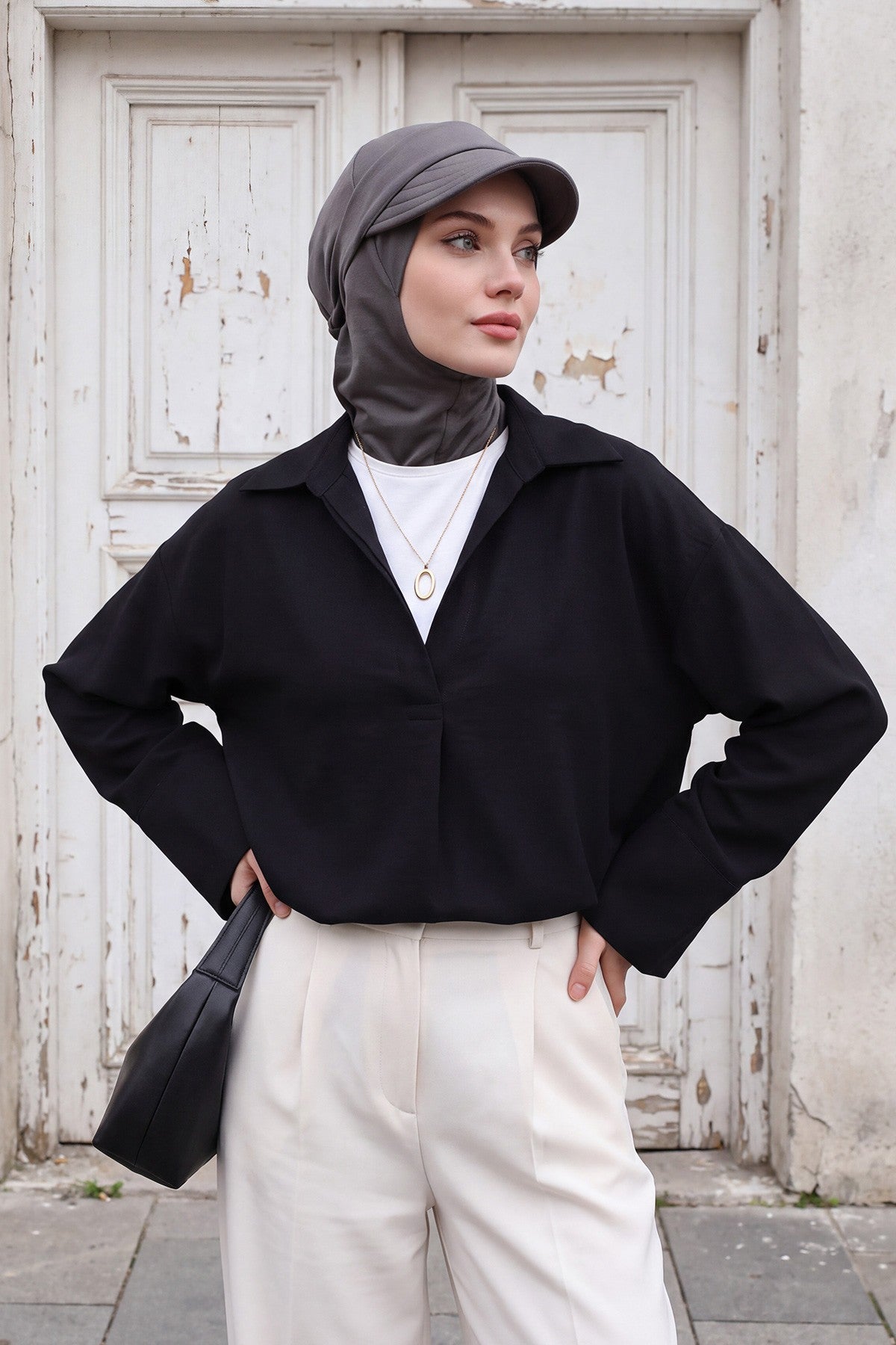 2 in 1 Modest Hijab Bonnet with Removable Visor, Instant Full Coverage Underscarf for Everyday Wear,B-82O Anthracite