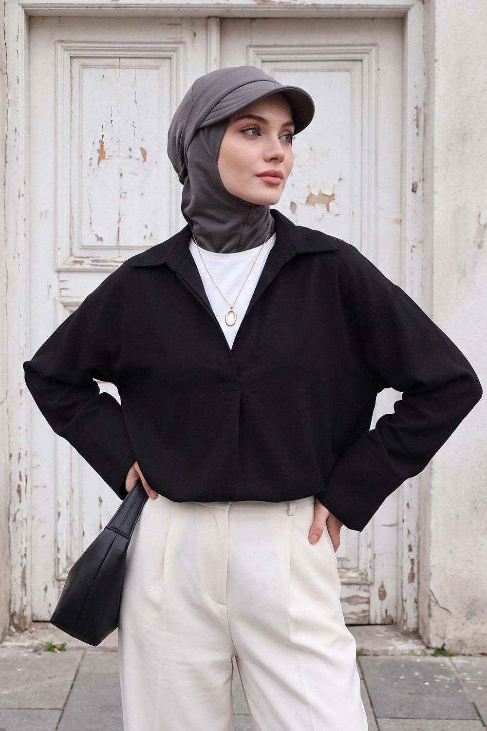 2 in 1 Modest Hijab Bonnet with Removable Visor, Instant Full Coverage Underscarf for Everyday Wear,B-82O Anthracite