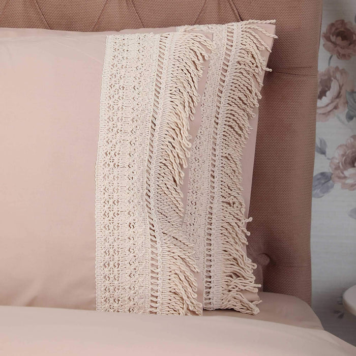 2-Pack Trimmed Pillowcases with Lace and Tassels  50 x 70 cm Plain Pillow Covers Envelope Closure Cotton Fabric, Set of 2,YK-23