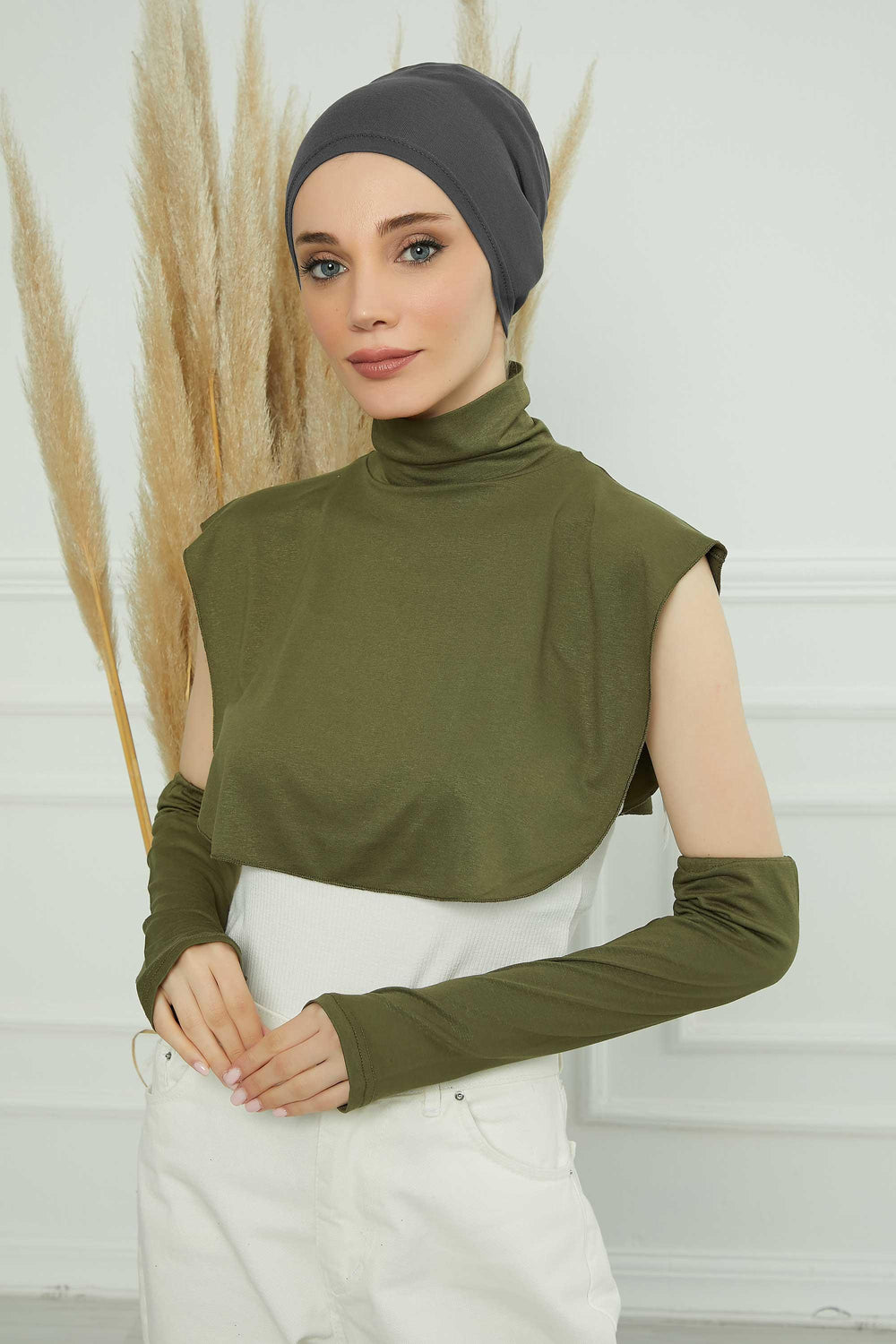 3 in 1 Neck Cover and Pair of Sleeve Extenders, Versatile Neck Coverage with Coordinating Dual Arm Warmers, Multipack Hijab Wear,KPT-2 Army Green