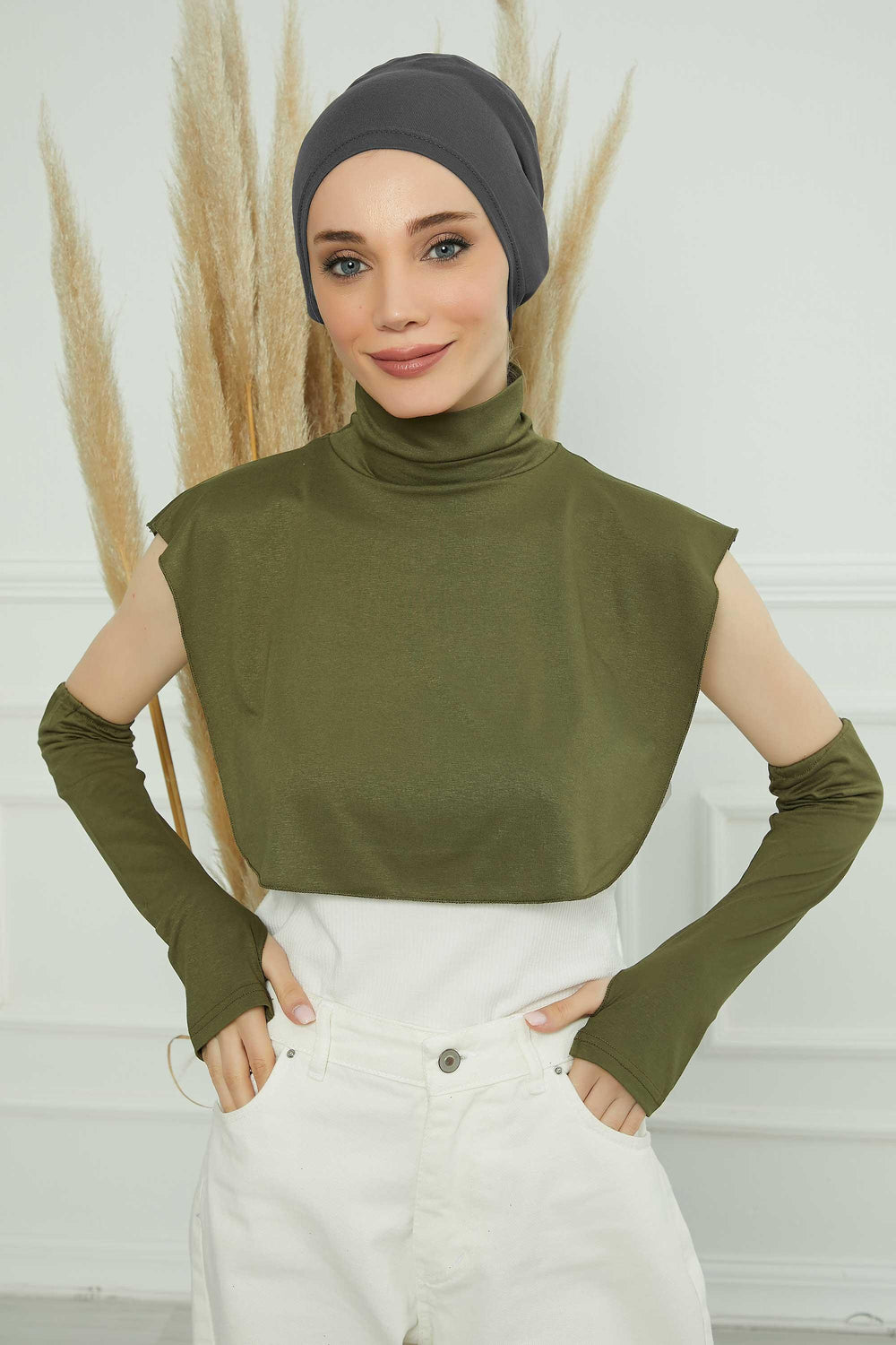 3 in 1 Neck Cover and Pair of Sleeve Extenders, Versatile Neck Coverage with Coordinating Dual Arm Warmers, Multipack Hijab Wear,KPT-2 Army Green