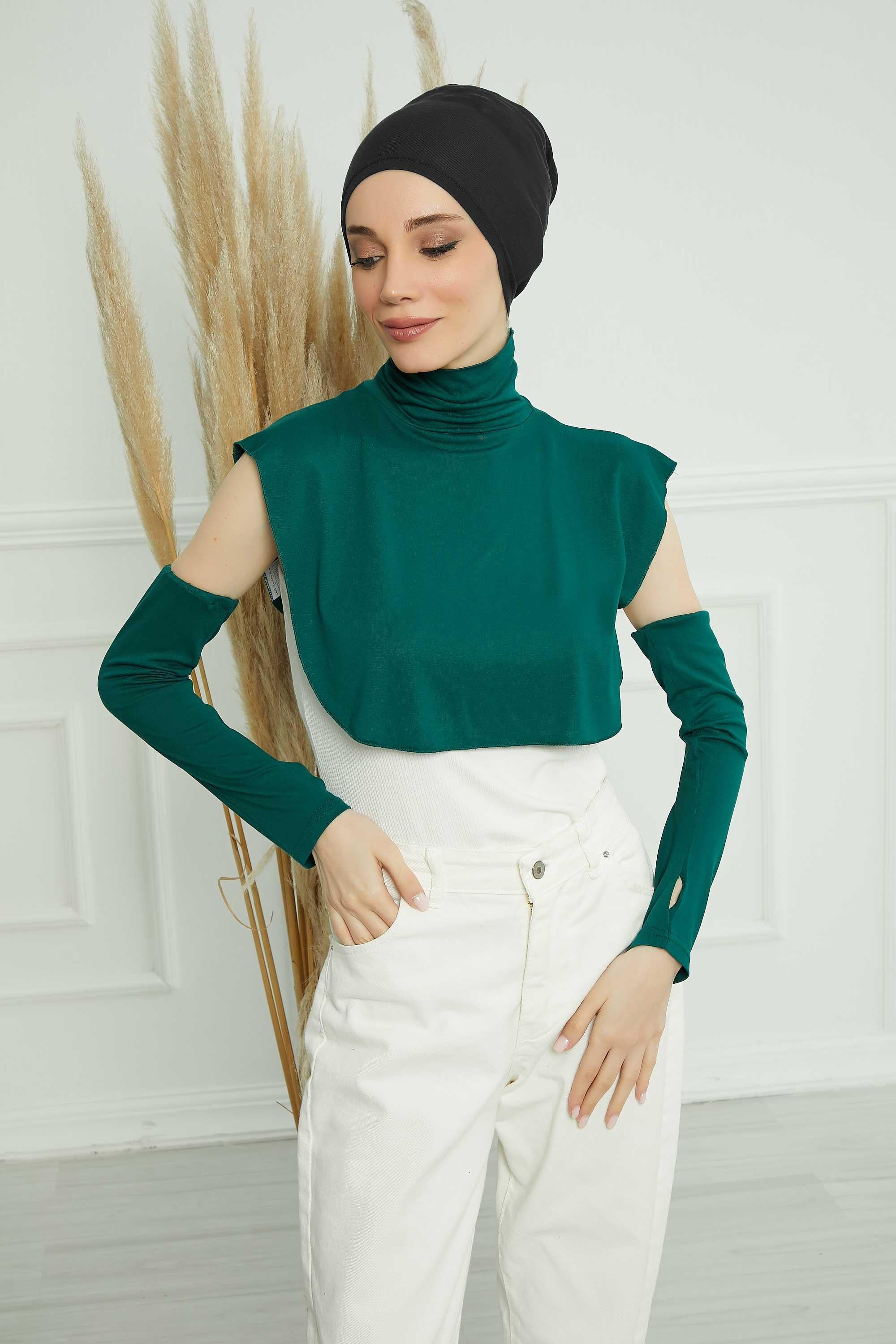3 in 1 Neck Cover and Pair of Sleeve Extenders, Versatile Neck Coverage with Coordinating Dual Arm Warmers, Multipack Hijab Wear,KPT-2 Green