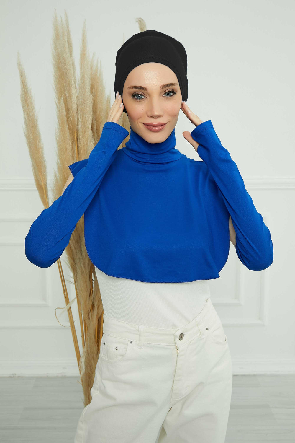 3 in 1 Neck Cover and Pair of Sleeve Extenders, Versatile Neck Coverage with Coordinating Dual Arm Warmers, Multipack Hijab Wear,KPT-2 Sax Blue