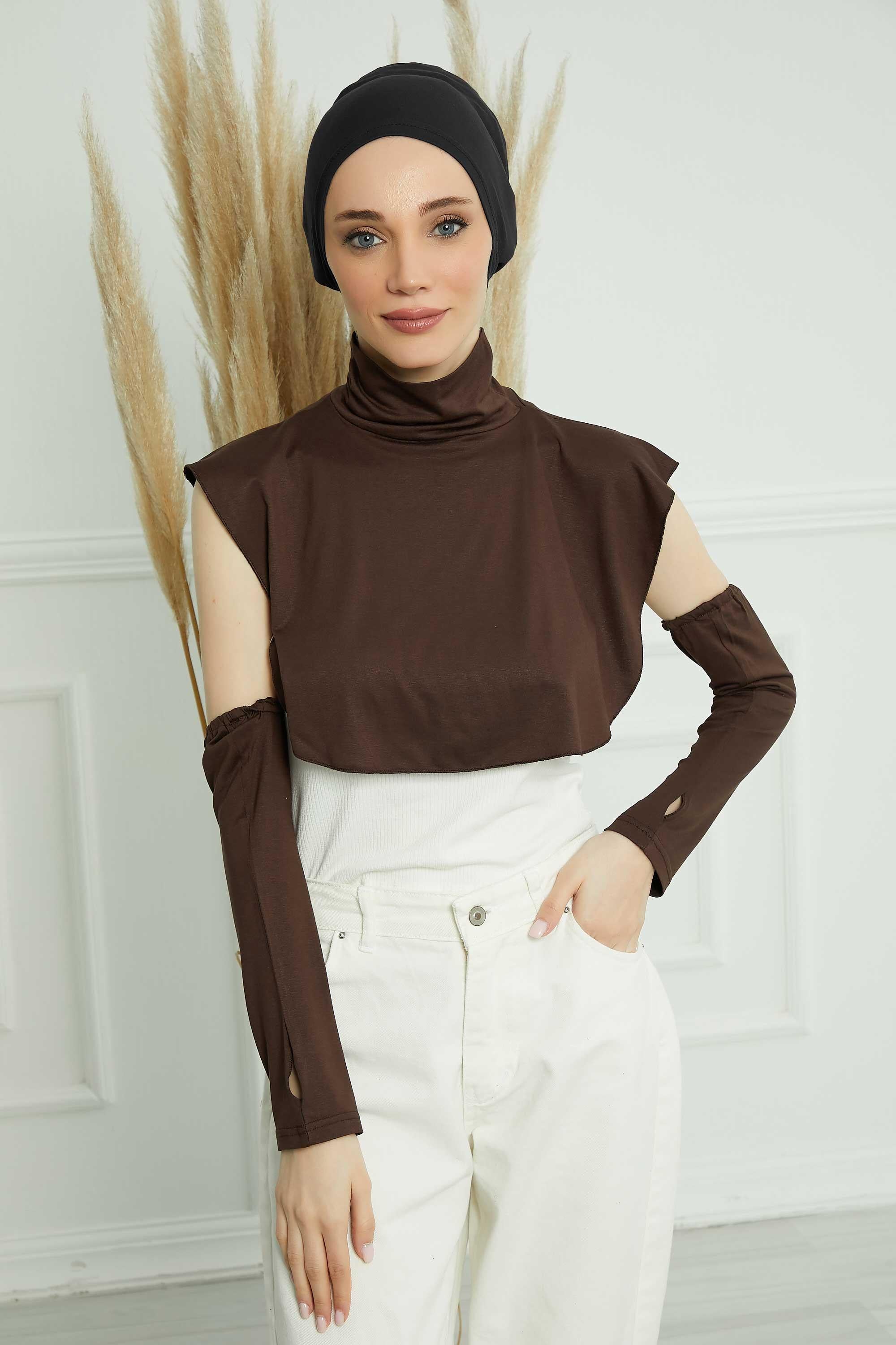 3 in 1 Neck Cover and Pair of Sleeve Extenders, Versatile Neck Coverage with Coordinating Dual Arm Warmers, Multipack Hijab Wear,KPT-2 Brown