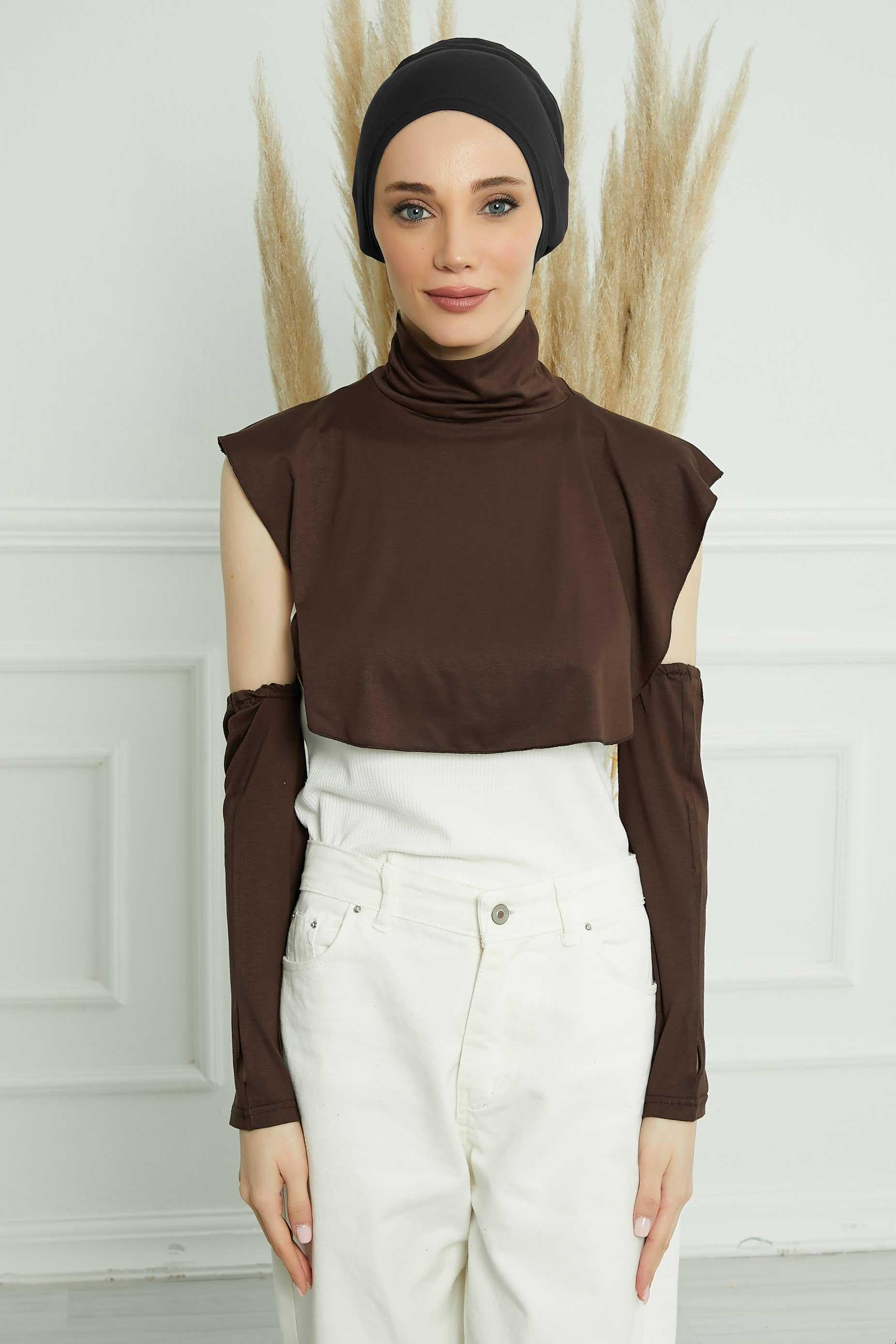 3 in 1 Neck Cover and Pair of Sleeve Extenders, Versatile Neck Coverage with Coordinating Dual Arm Warmers, Multipack Hijab Wear,KPT-2 Brown