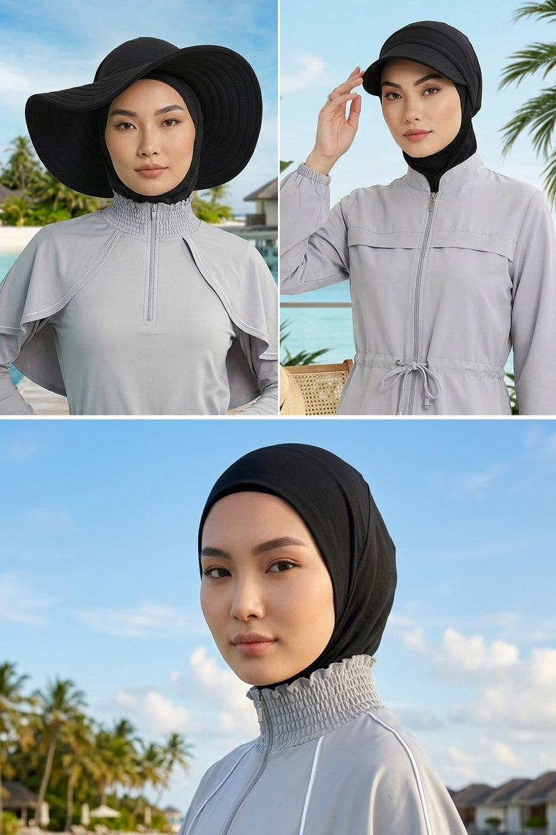 3 Piece Modest Swim Bonnet Set for Women, Hijab Swim Hat with Visor and Cap, Quick Dry Full Coverage Pool Beach Headwear,ST-1SN
