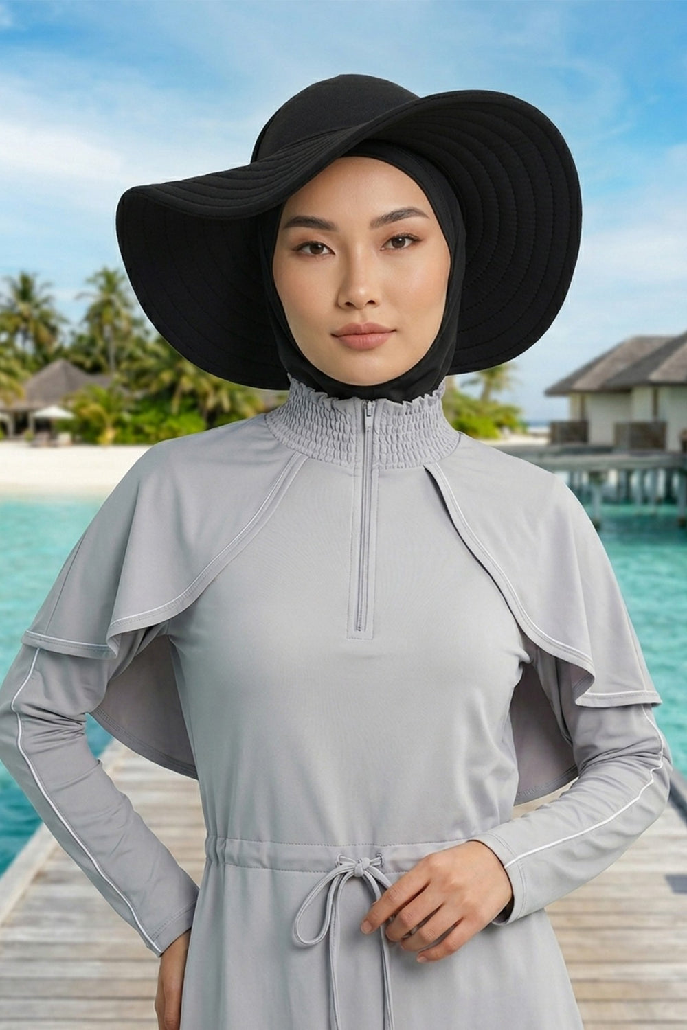 3 Piece Modest Swim Bonnet Set for Women, Hijab Swim Hat with Visor and Cap, Quick Dry Full Coverage Pool Beach Headwear,ST-1SN Black