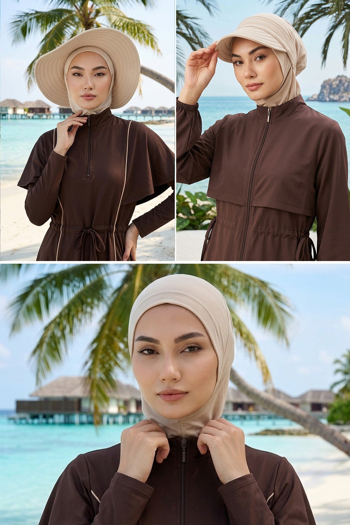 3 Piece Modest Swim Bonnet Set for Women, Hijab Swim Hat with Visor and Cap, Quick Dry Full Coverage Pool Beach Headwear,ST-1SN Beige