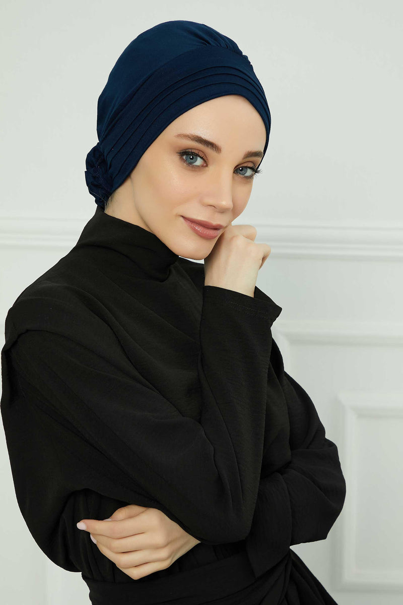 Pleated Instant Turban made from High Quality Combed Cotton, Comfortable Pre-Tied Turban Hijab, Flexible Chemo Cancer Bonnet Headwear,B-74 Navy Blue