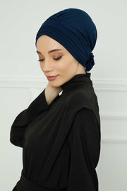 Pleated Instant Turban made from High Quality Combed Cotton, Comfortable Pre-Tied Turban Hijab, Flexible Chemo Cancer Bonnet Headwear,B-74 Navy Blue