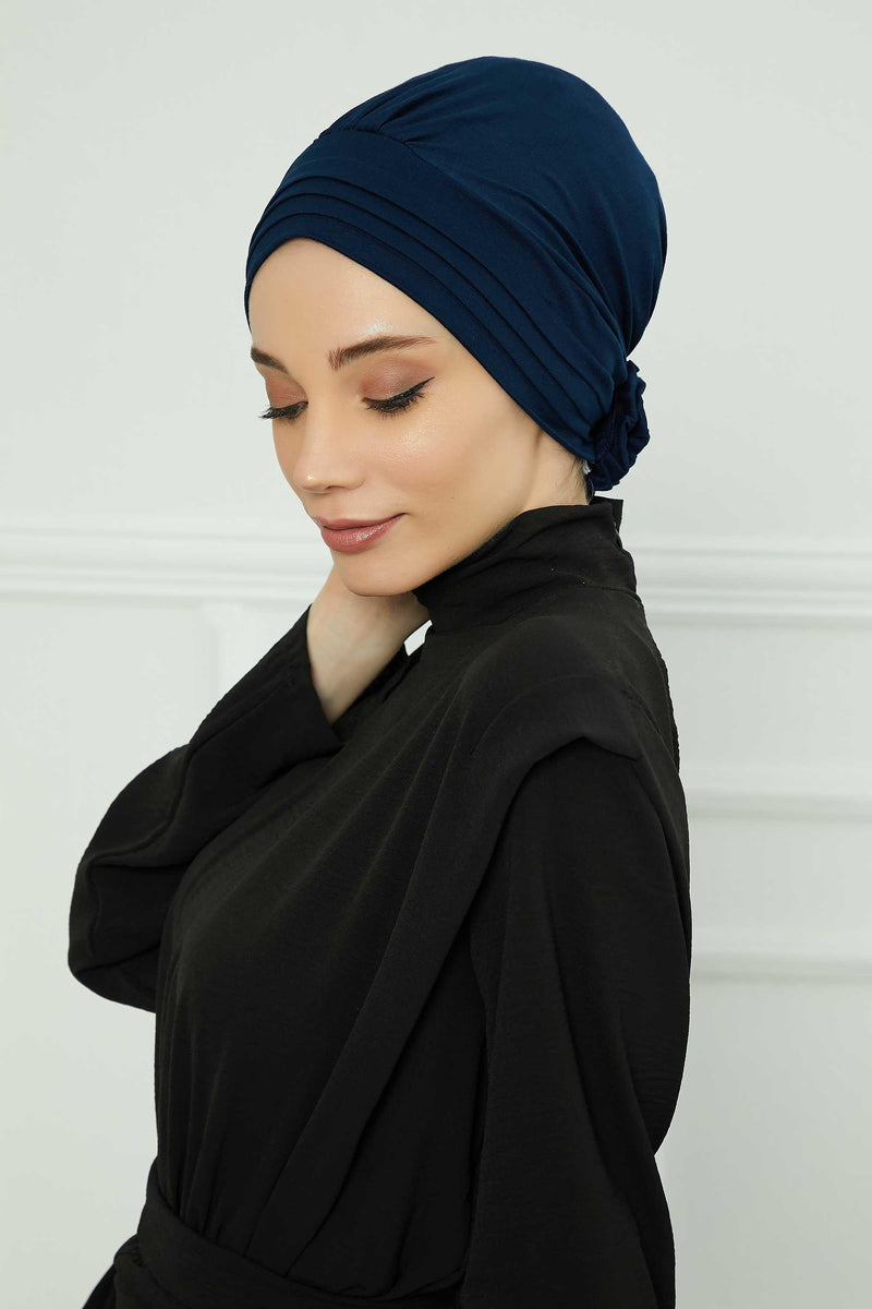 Pleated Instant Turban made from High Quality Combed Cotton, Comfortable Pre-Tied Turban Hijab, Flexible Chemo Cancer Bonnet Headwear,B-74 Navy Blue