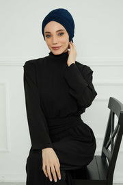 Pleated Instant Turban made from High Quality Combed Cotton, Comfortable Pre-Tied Turban Hijab, Flexible Chemo Cancer Bonnet Headwear,B-74 Navy Blue