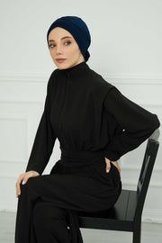Pleated Instant Turban made from High Quality Combed Cotton, Comfortable Pre-Tied Turban Hijab, Flexible Chemo Cancer Bonnet Headwear,B-74 Navy Blue