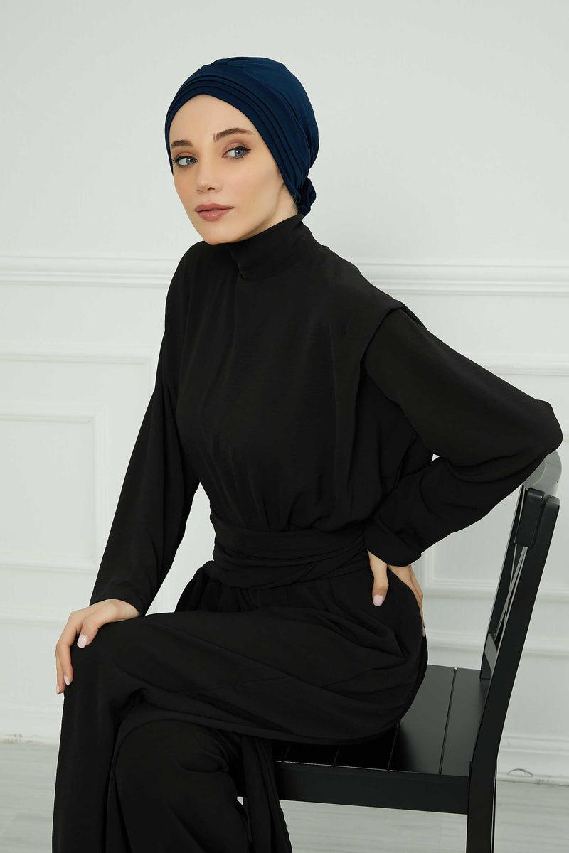 Pleated Instant Turban made from High Quality Combed Cotton, Comfortable Pre-Tied Turban Hijab, Flexible Chemo Cancer Bonnet Headwear,B-74 Navy Blue
