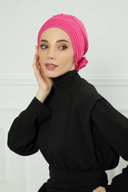 Pleated Instant Turban made from High Quality Combed Cotton, Comfortable Pre-Tied Turban Hijab, Flexible Chemo Cancer Bonnet Headwear,B-74 Fuchsia