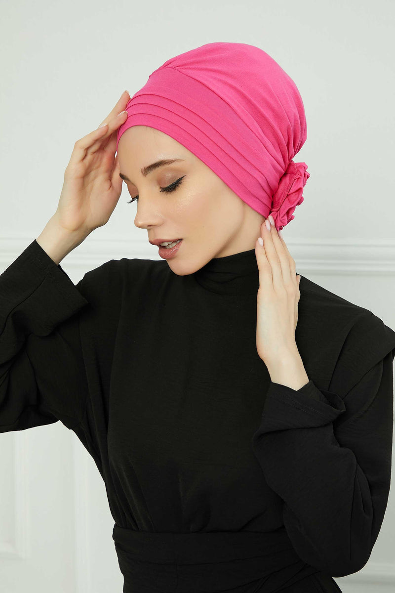 Pleated Instant Turban made from High Quality Combed Cotton, Comfortable Pre-Tied Turban Hijab, Flexible Chemo Cancer Bonnet Headwear,B-74 Fuchsia