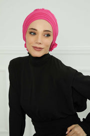 Pleated Instant Turban made from High Quality Combed Cotton, Comfortable Pre-Tied Turban Hijab, Flexible Chemo Cancer Bonnet Headwear,B-74 Fuchsia