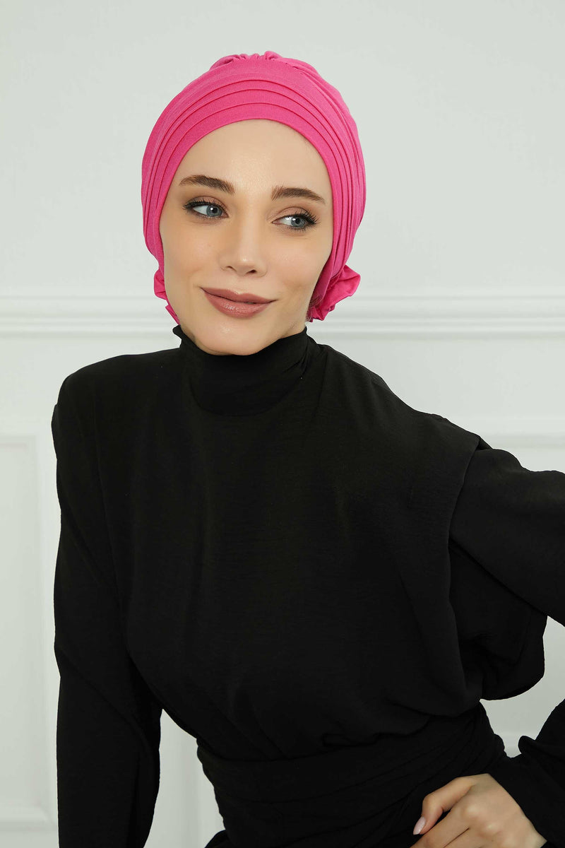 Pleated Instant Turban made from High Quality Combed Cotton, Comfortable Pre-Tied Turban Hijab, Flexible Chemo Cancer Bonnet Headwear,B-74 Fuchsia