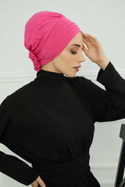 Pleated Instant Turban made from High Quality Combed Cotton, Comfortable Pre-Tied Turban Hijab, Flexible Chemo Cancer Bonnet Headwear,B-74 Fuchsia