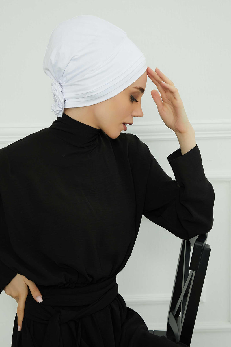 Pleated Instant Turban made from High Quality Combed Cotton, Comfortable Pre-Tied Turban Hijab, Flexible Chemo Cancer Bonnet Headwear,B-74 White
