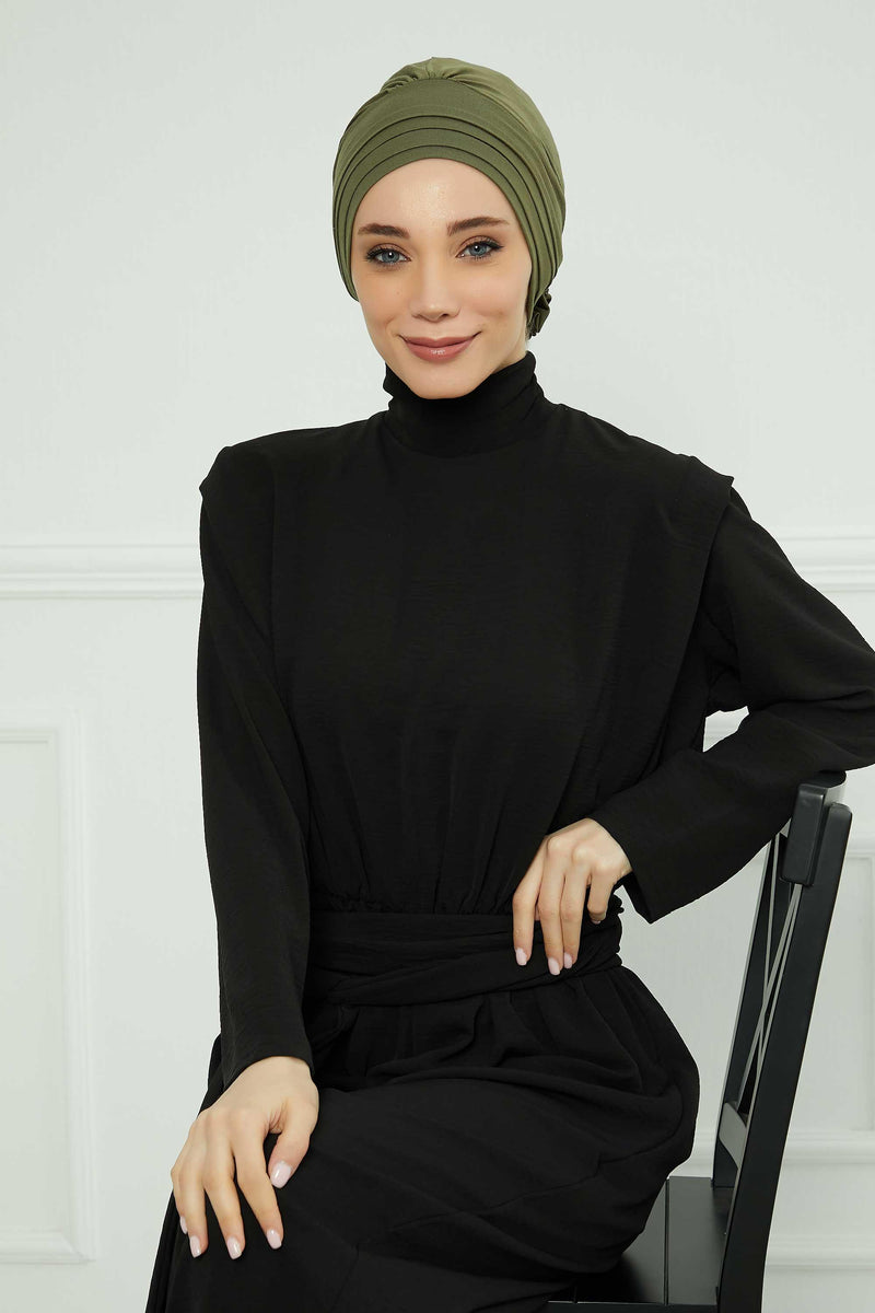 Pleated Instant Turban made from High Quality Combed Cotton, Comfortable Pre-Tied Turban Hijab, Flexible Chemo Cancer Bonnet Headwear,B-74 Army Green