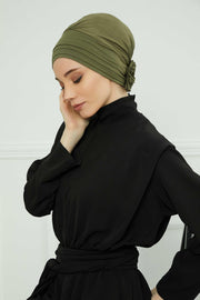 Pleated Instant Turban made from High Quality Combed Cotton, Comfortable Pre-Tied Turban Hijab, Flexible Chemo Cancer Bonnet Headwear,B-74 Army Green