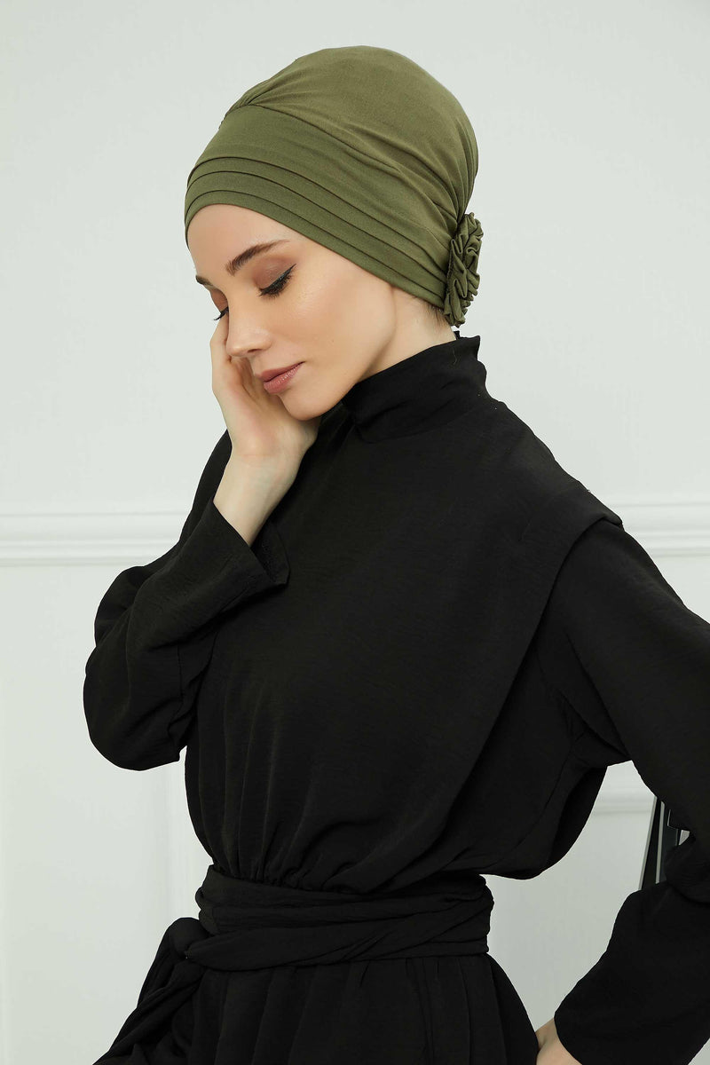Pleated Instant Turban made from High Quality Combed Cotton, Comfortable Pre-Tied Turban Hijab, Flexible Chemo Cancer Bonnet Headwear,B-74 Army Green