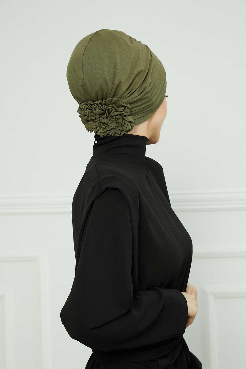 Pleated Instant Turban made from High Quality Combed Cotton, Comfortable Pre-Tied Turban Hijab, Flexible Chemo Cancer Bonnet Headwear,B-74 Army Green