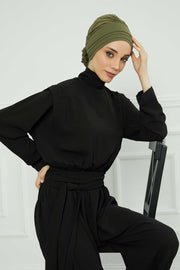 Pleated Instant Turban made from High Quality Combed Cotton, Comfortable Pre-Tied Turban Hijab, Flexible Chemo Cancer Bonnet Headwear,B-74 Army Green