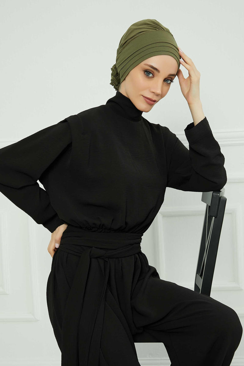 Pleated Instant Turban made from High Quality Combed Cotton, Comfortable Pre-Tied Turban Hijab, Flexible Chemo Cancer Bonnet Headwear,B-74 Army Green