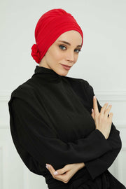 Pleated Instant Turban made from High Quality Combed Cotton, Comfortable Pre-Tied Turban Hijab, Flexible Chemo Cancer Bonnet Headwear,B-74 Red