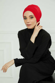 Pleated Instant Turban made from High Quality Combed Cotton, Comfortable Pre-Tied Turban Hijab, Flexible Chemo Cancer Bonnet Headwear,B-74 Red