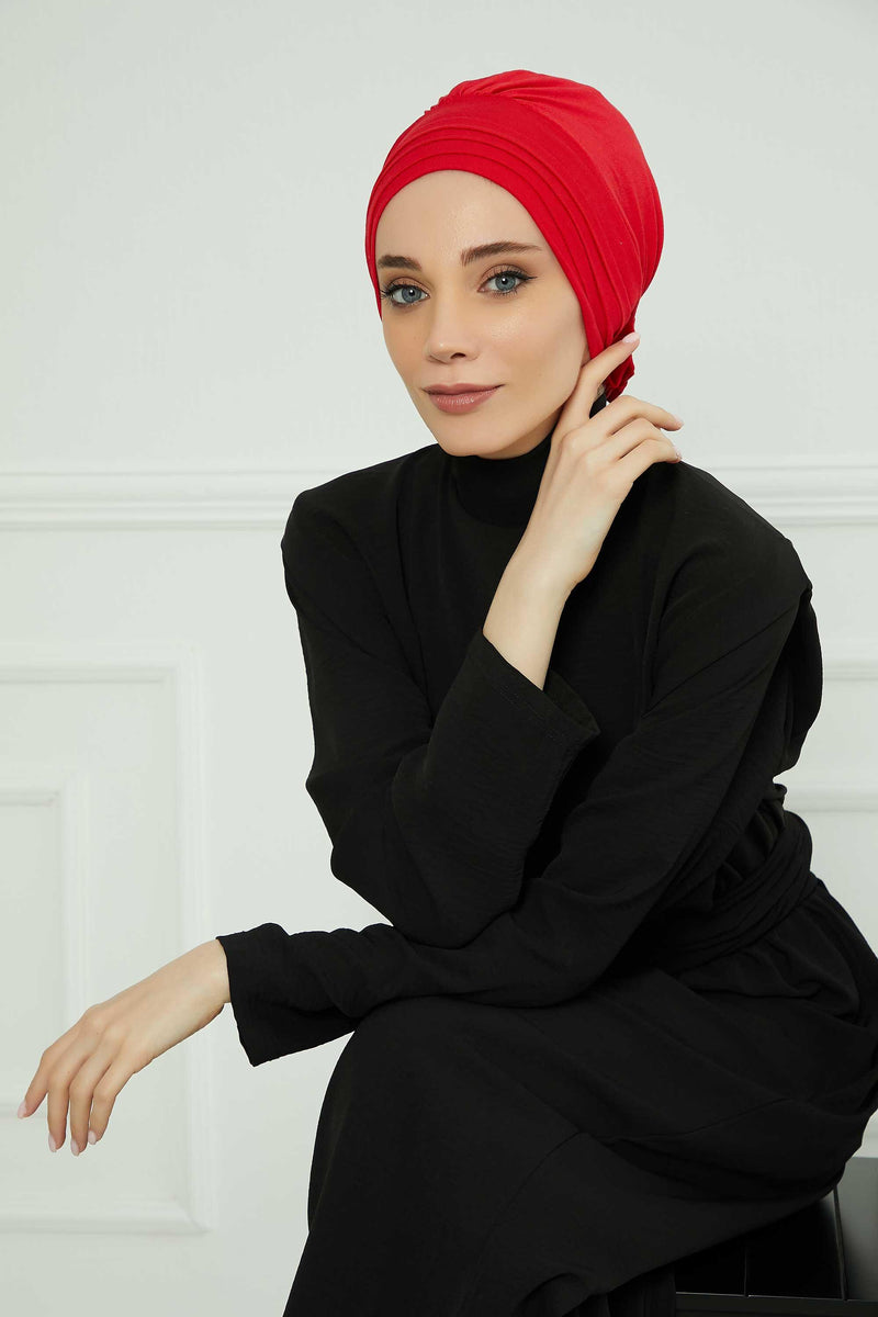 Pleated Instant Turban made from High Quality Combed Cotton, Comfortable Pre-Tied Turban Hijab, Flexible Chemo Cancer Bonnet Headwear,B-74 Red