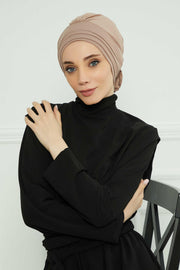 Pleated Instant Turban made from High Quality Combed Cotton, Comfortable Pre-Tied Turban Hijab, Flexible Chemo Cancer Bonnet Headwear,B-74 Mink