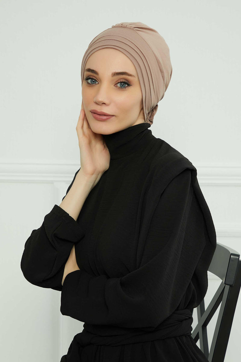 Pleated Instant Turban made from High Quality Combed Cotton, Comfortable Pre-Tied Turban Hijab, Flexible Chemo Cancer Bonnet Headwear,B-74 Mink