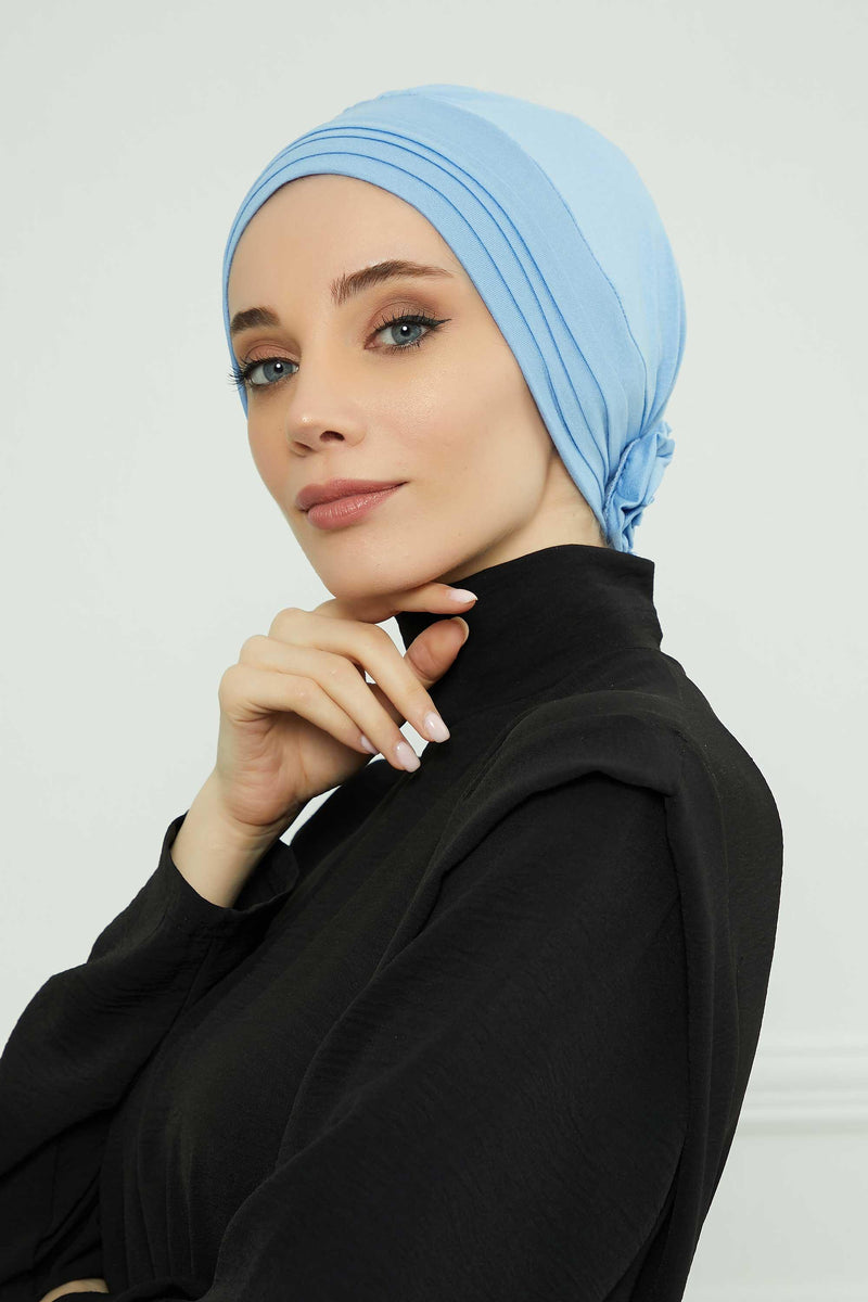 Pleated Instant Turban made from High Quality Combed Cotton, Comfortable Pre-Tied Turban Hijab, Flexible Chemo Cancer Bonnet Headwear,B-74 Blue