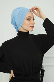 Pleated Instant Turban made from High Quality Combed Cotton, Comfortable Pre-Tied Turban Hijab, Flexible Chemo Cancer Bonnet Headwear,B-74 Blue