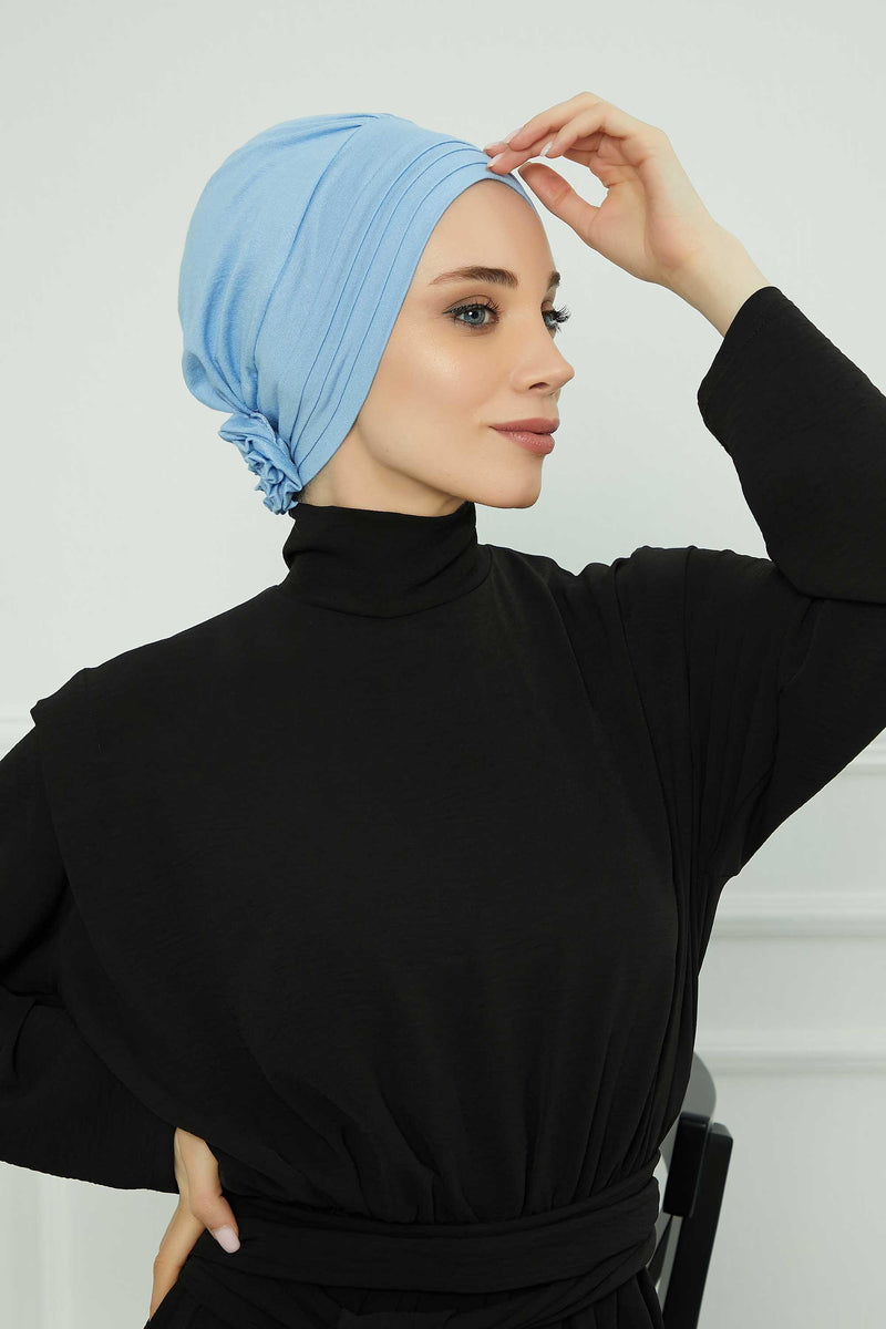 Pleated Instant Turban made from High Quality Combed Cotton, Comfortable Pre-Tied Turban Hijab, Flexible Chemo Cancer Bonnet Headwear,B-74 Blue