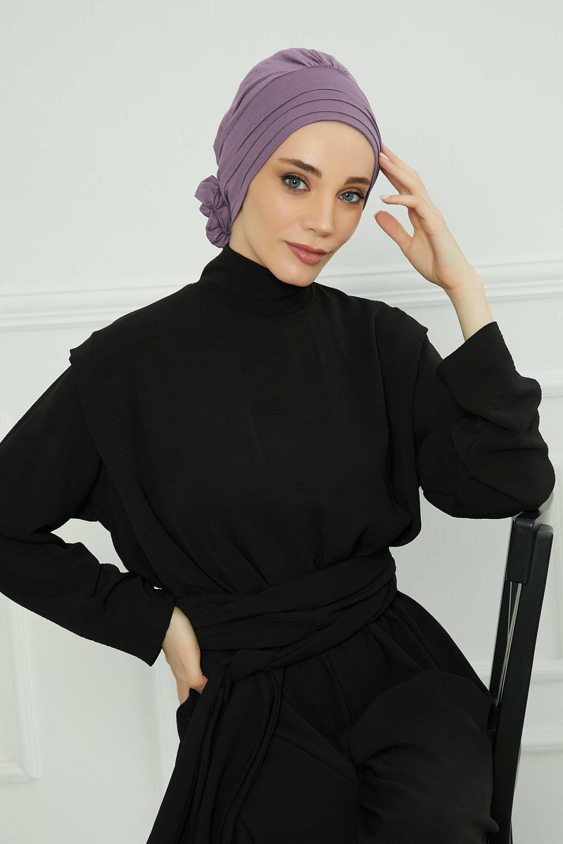 Pleated Instant Turban made from High Quality Combed Cotton, Comfortable Pre-Tied Turban Hijab, Flexible Chemo Cancer Bonnet Headwear,B-74 Lilac
