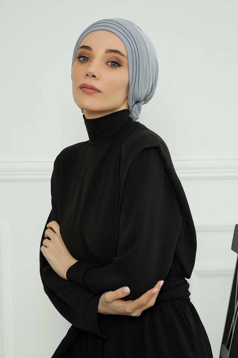 Pleated Instant Turban made from High Quality Combed Cotton, Comfortable Pre-Tied Turban Hijab, Flexible Chemo Cancer Bonnet Headwear,B-74 Grey 2